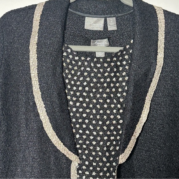 Chico’s Travelers Black Tan Textured Crinkle Open Jacket with Tank Top 2 (L) - Picture 2 of 12